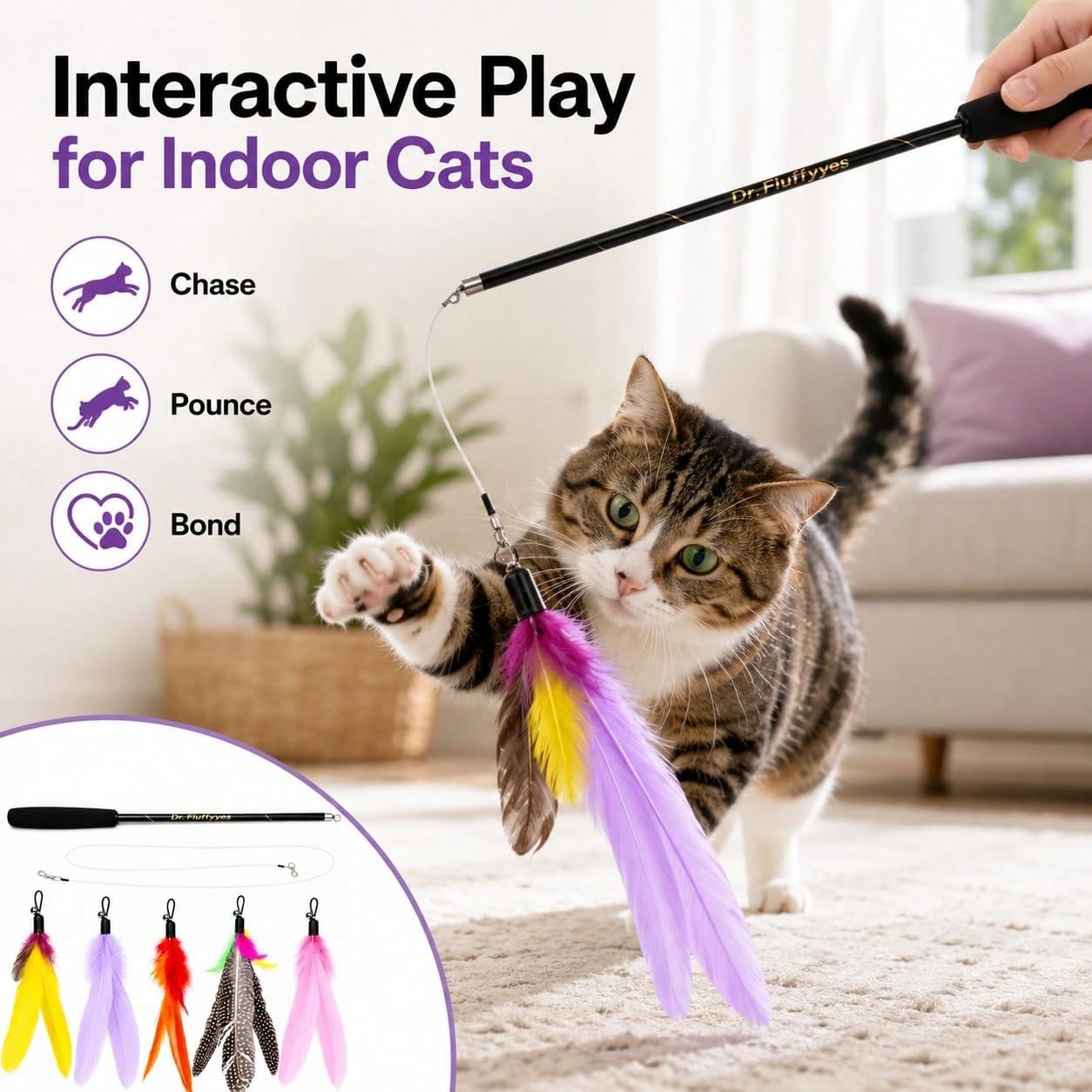 Tongkat Mainan Kucing Dengan 5 - Interactive Cat Toy ulasan dan harga